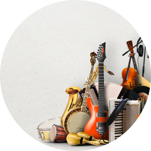 Leaning against a wall are a wide variety of instruments, some of which are a small bongo, maracas, a banjo, a saxophone, a bright orange electric guitar, an accordion, a viola, and others.